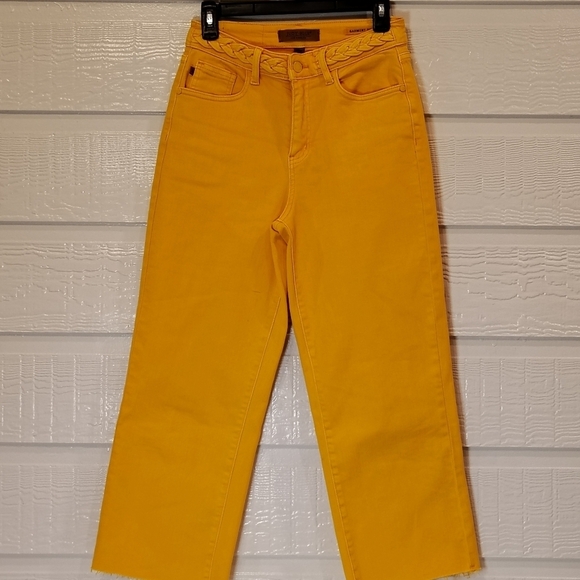 Judy Blue Denim - JUDY BLUE Bright Yellow Braided Waist Wide Cropped Denim Jeans SIZE 3/26 Artsy